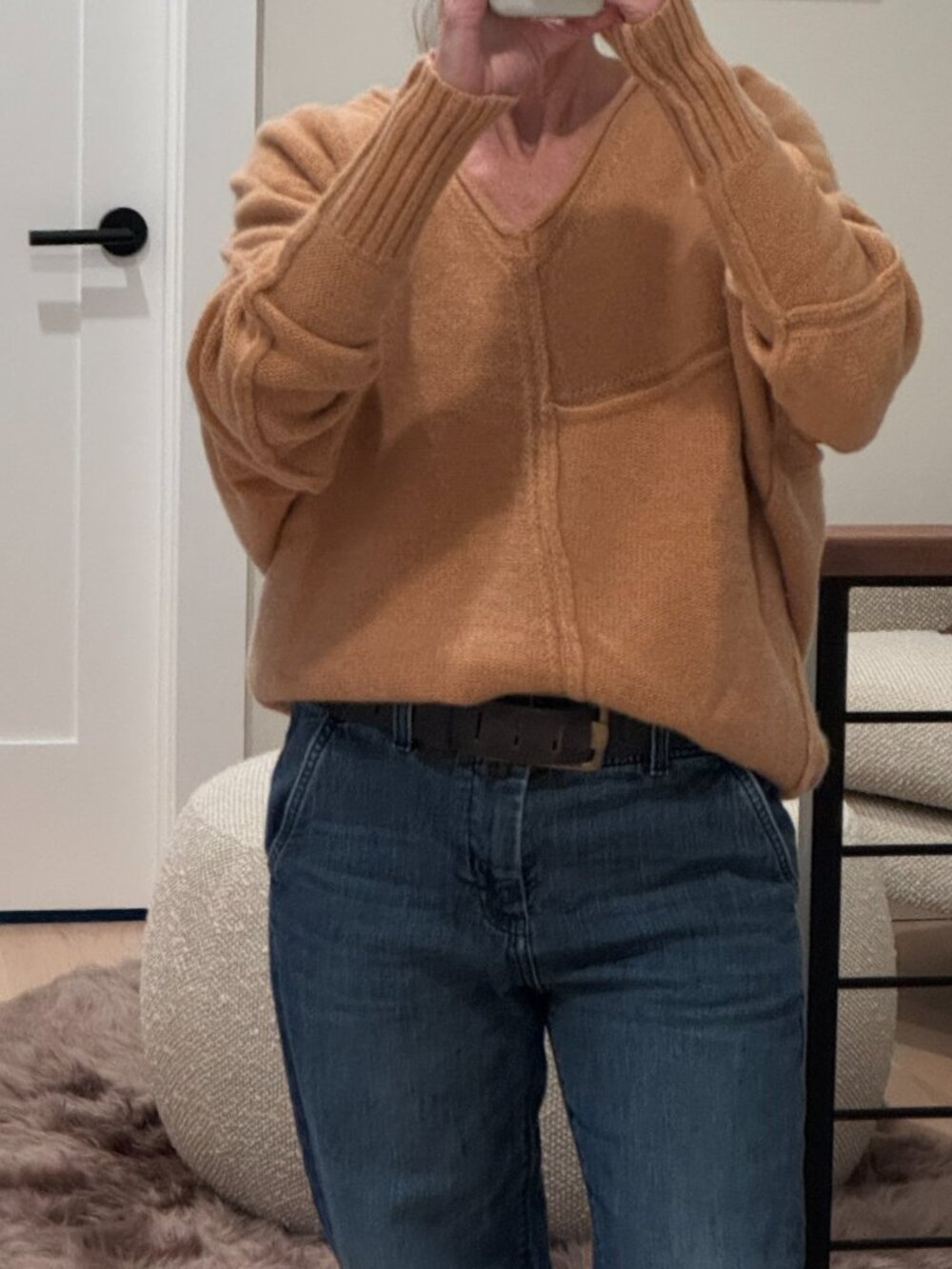 Free People 100% Cashmere Oversized Souchy V-Neck Sweater Camel Orange Size S